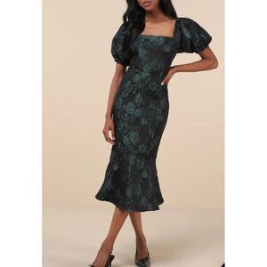 Lulus Majorly Fabulous Black and Emerald Trumpet Midi Dress Sz Medium Black & Gr